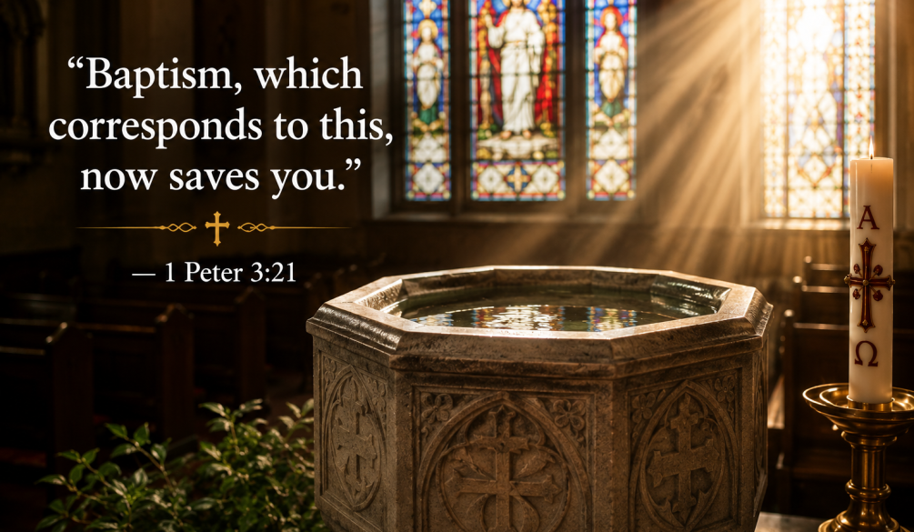 Traditional Lutheran baptismal font inside a conservative LCMS church in Tampa Heights Florida with sunlight shining through stained glass windows and the Bible verse 1 Peter 3:21 about Baptism saving through Jesus Christ.