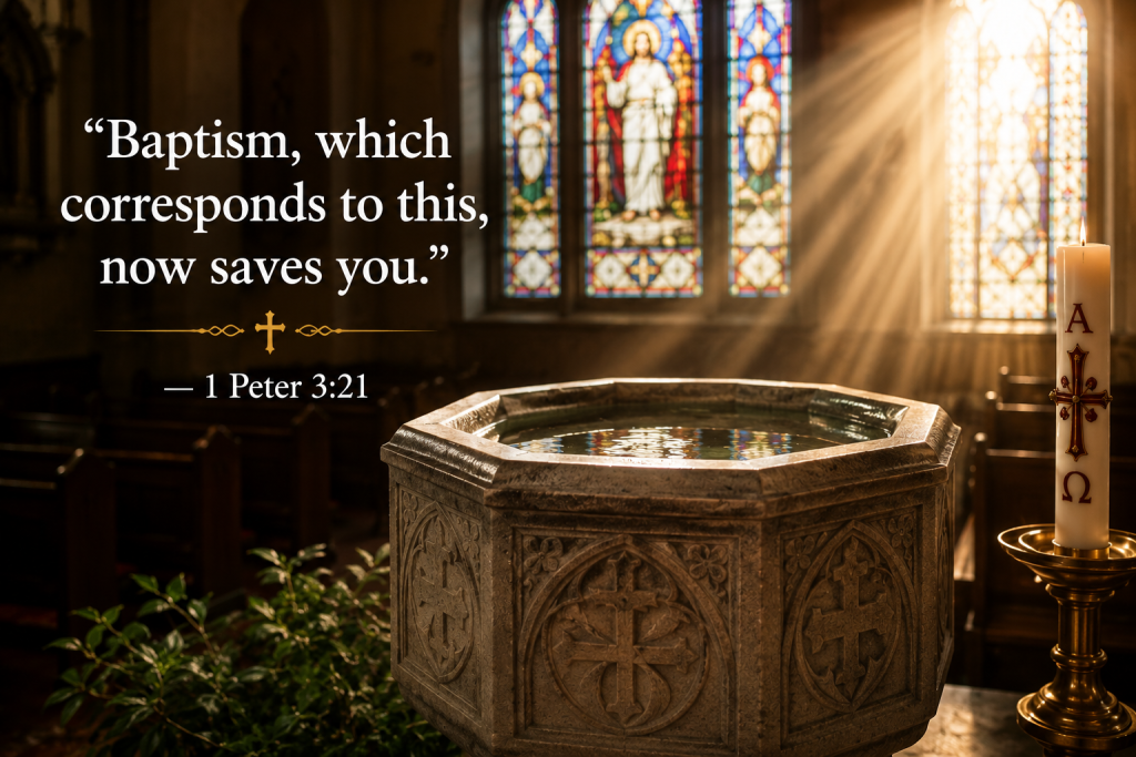 Traditional Lutheran baptismal font inside a conservative LCMS church in Tampa Heights Florida with sunlight shining through stained glass windows and the Bible verse 1 Peter 3:21 about Baptism saving through Jesus Christ.