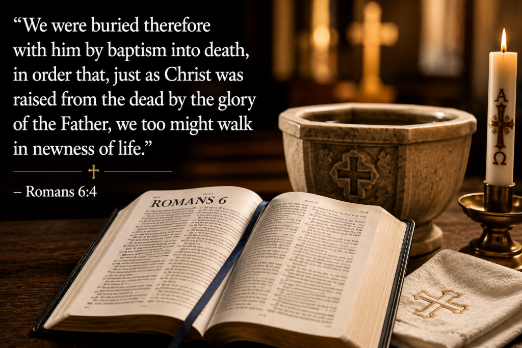 Open Bible displaying Romans 6 beside a baptismal font and candle inside a conservative LCMS church in Tampa Heights Florida with Scripture about being buried with Christ through Baptism into newness of life.