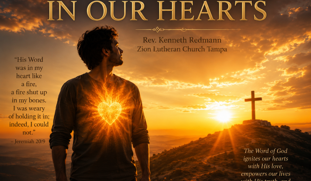 A man standing on a hill at sunset with a glowing heart, looking toward a cross on a distant hill, for the sermon A Fire Burning in Our Hearts by Rev. Kenneth Redmann at Zion Lutheran Church Tampa.