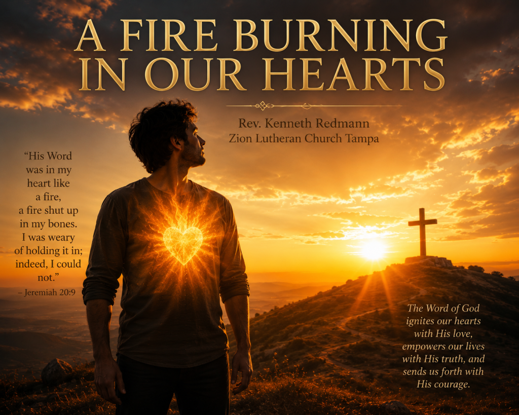 A man standing on a hill at sunset with a glowing heart, looking toward a cross on a distant hill, for the sermon A Fire Burning in Our Hearts by Rev. Kenneth Redmann at Zion Lutheran Church Tampa.