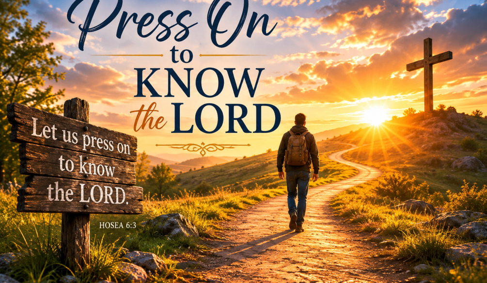 A man walking along a winding path at sunrise toward the light, symbolizing faith, spiritual growth, and pressing on to know the Lord from Hosea 6:3