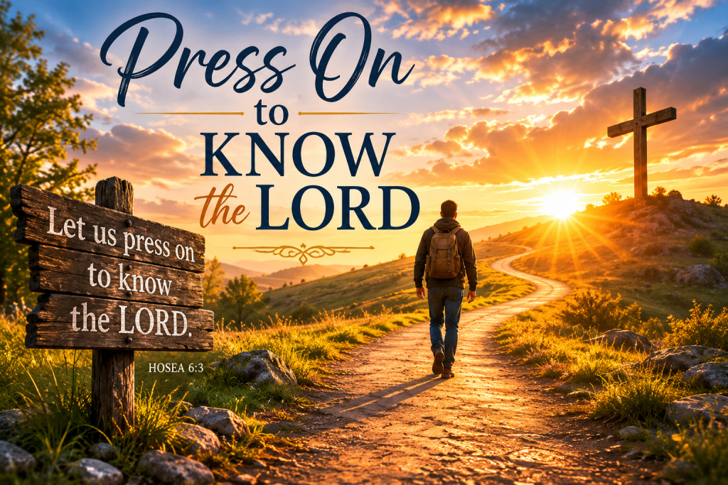 A man walking along a winding path at sunrise toward the light, symbolizing faith, spiritual growth, and pressing on to know the Lord from Hosea 6:3