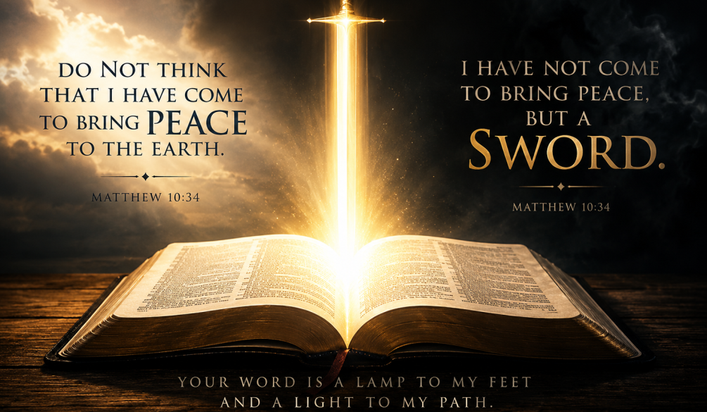 Open Bible on a wooden altar with a dramatic beam of light dividing darkness and light, illustrating Matthew 10:34 where Jesus says “I came not to bring peace, but a sword,” representing the Word of God as truth that reveals and divides, used for Zion Lutheran Church sermon on Christian discipleship.