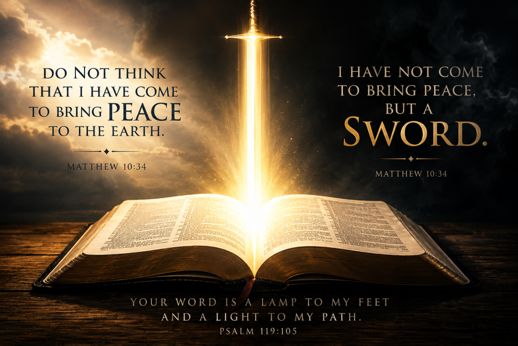 Open Bible on a wooden altar with a dramatic beam of light dividing darkness and light, illustrating Matthew 10:34 where Jesus says “I came not to bring peace, but a sword,” representing the Word of God as truth that reveals and divides, used for Zion Lutheran Church sermon on Christian discipleship.
