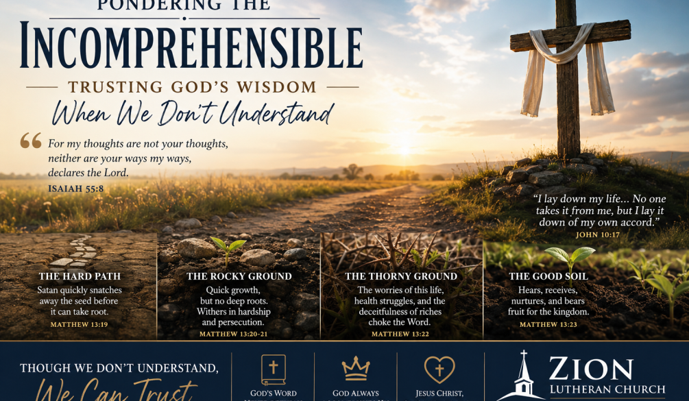 Cross overlooking the four types of soil from Jesus’ Parable of the Sower, illustrating trust in God’s wisdom when we do not understand.