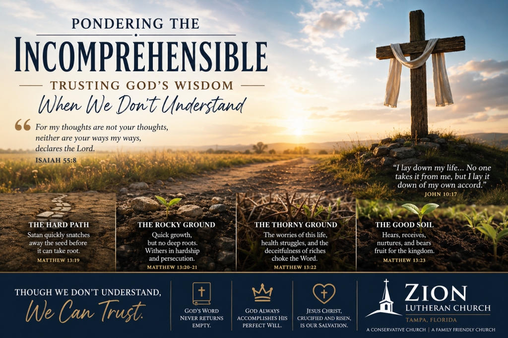 Cross overlooking the four types of soil from Jesus’ Parable of the Sower, illustrating trust in God’s wisdom when we do not understand.