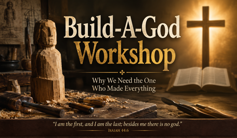 Wooden idol being carved in a dim workshop beside carving tools, with an open Bible and illuminated cross representing the one true God in Isaiah 44:6.