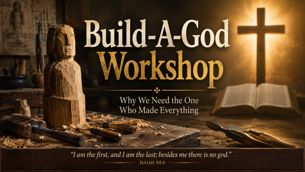 Wooden idol being carved in a dim workshop beside carving tools, with an open Bible and illuminated cross representing the one true God in Isaiah 44:6.