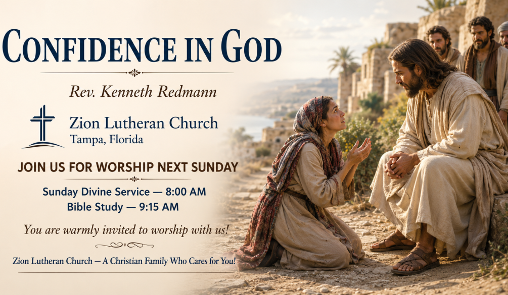 Canaanite woman kneeling before Jesus in faith, illustrating confidence in God from Matthew 15 at Zion Lutheran Church in Tampa.