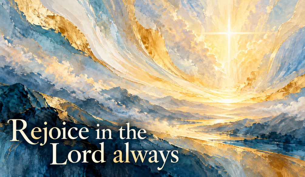 Abstract blue and gold artwork with a radiant cross and the words “Rejoice in the Lord always.