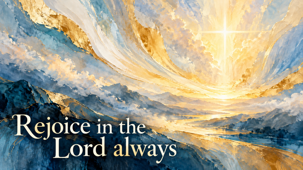 Abstract blue and gold artwork with a radiant cross and the words “Rejoice in the Lord always.